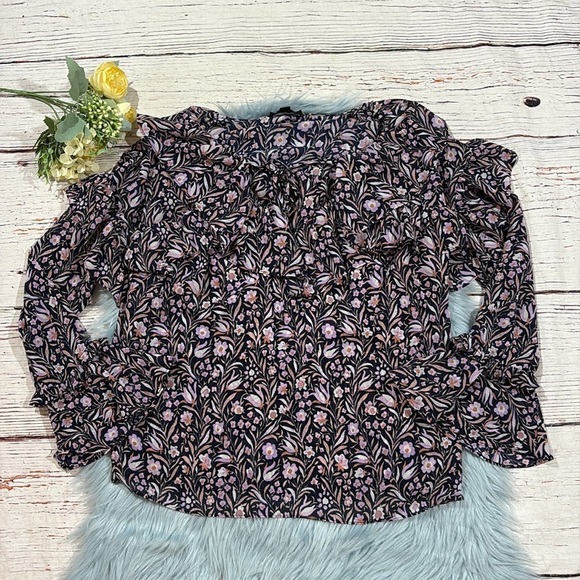 J. Crew Ruffle crinkle chiffon top in floral flourish navy pink - Picture 2 of 10